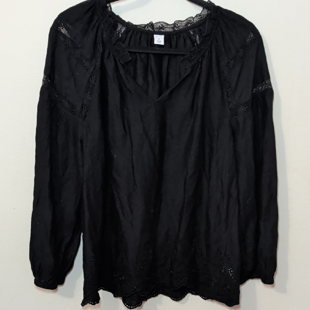 Old Navy Black Swiss Dot Peasant Blouse with Lace and Embroidery Women's Size M